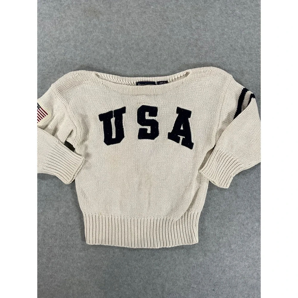 Vintage Ralph Lauren Kids USA Flag Cotton Knit Sweater Cream Navy L/XL 2565